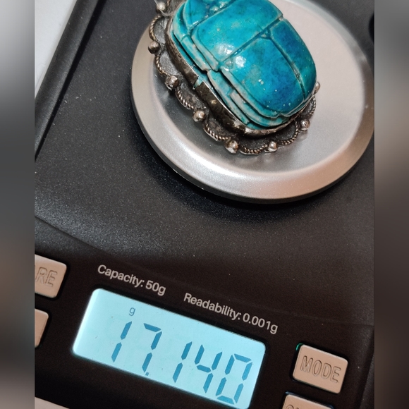 Antique Egyptian Scarabs Earrings and Brooch Set Silver Faience - Picture 11 of 14